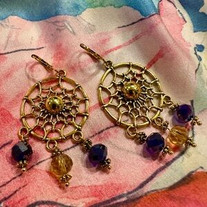 New Gold and Iridescent Blue-Purple Dreamcatcher Earrings